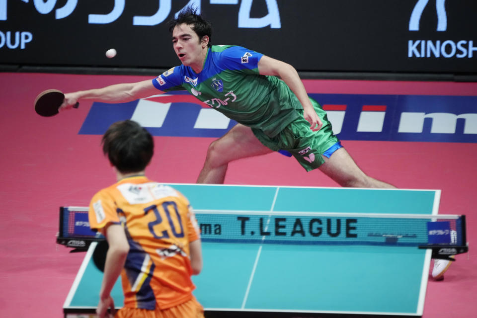 Brazil's Hugo Calderano competes against Hibiki Tazoe, during a WTT tournament table tennis match, Sunday, Feb. 12, 2023, in Kawasaki, near Tokyo. Calderano is No. 5 in the sport’s ranking, he reached No. 3 a year ago, and he's defeated many of the top Chinese including No. 1 Fan Zhendong. (AP Photo/Eugene Hoshiko)