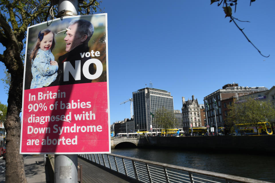 A poster calling for a 'NO' vote in the referendum to retain the eighth amendment of the Irish constitution seen near Liffey river, in Dublin's City Center on May 16, 2018.