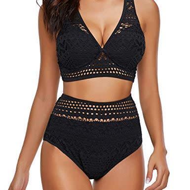 5) Two-Piece Crochet Lace High Waist V Neck Bikini Set