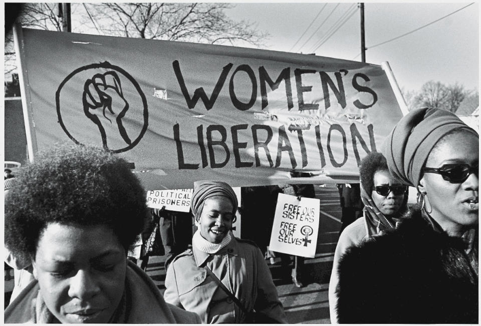 A group of women, under a 'Women's Liberation' banner, march in support of the Black Panther Party, New Haven, Connecticut, November 1969.&nbsp;