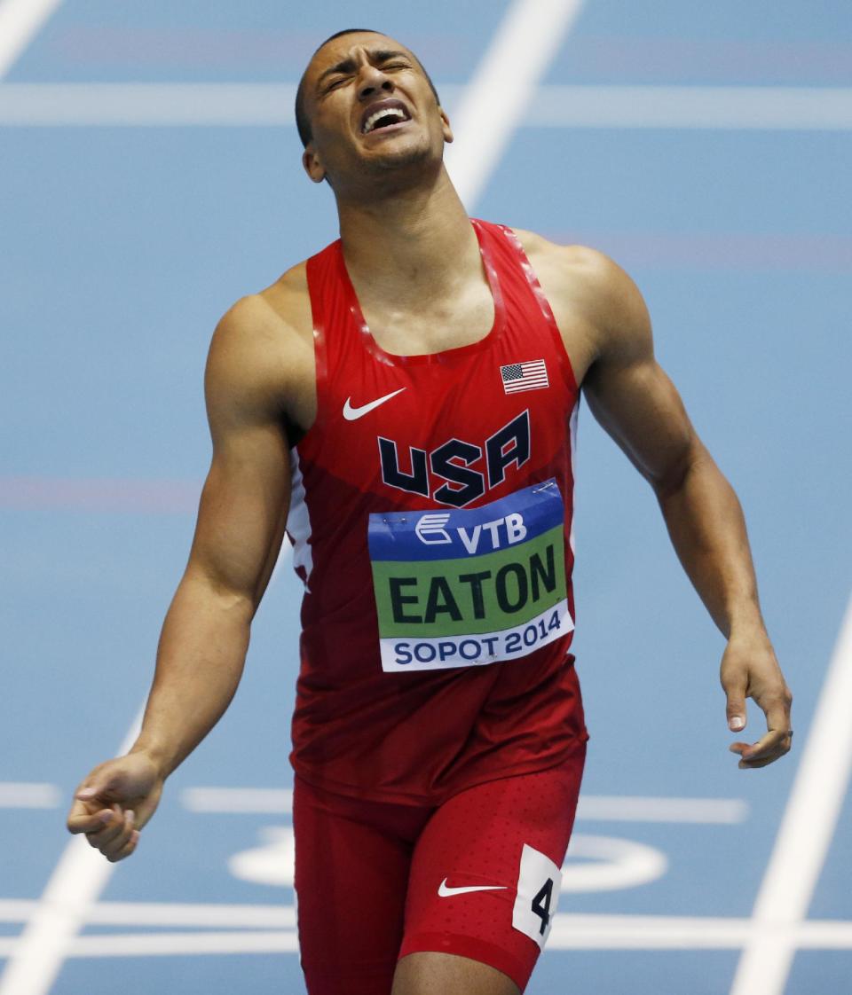 United States' Ashton Eaton runs in the 1000m race to win the heptathlon during the Athletics World Indoor Championships in Sopot, Poland, Saturday, March 8, 2014. (AP Photo/Petr David Josek)