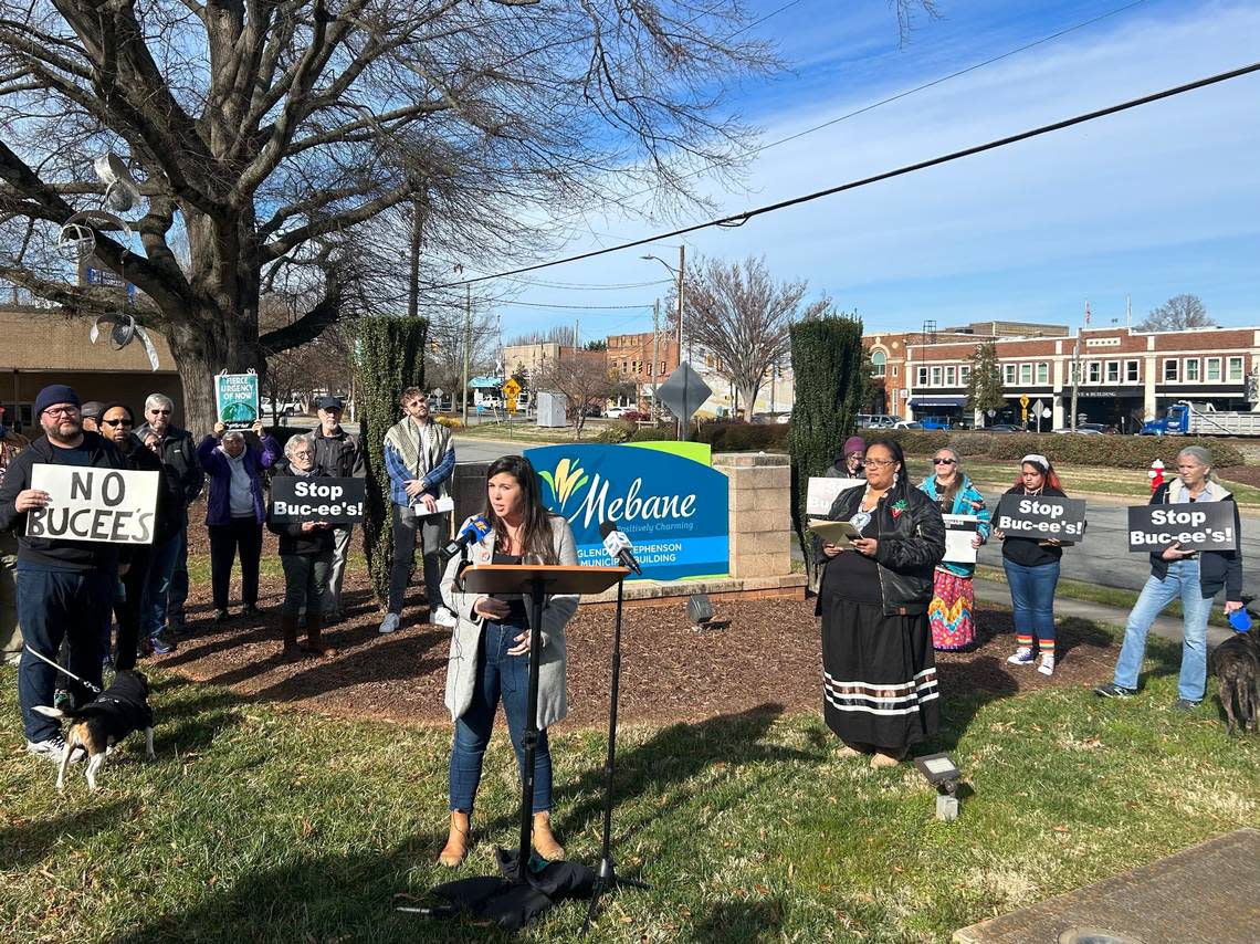 Emily Sutton of the Haw River Assembly speaks about local opposition to a new Buc-ee’s location in Orange County during a press conference on Wednesday, Jan. 3, 2024, outside of Mebane City Hall.