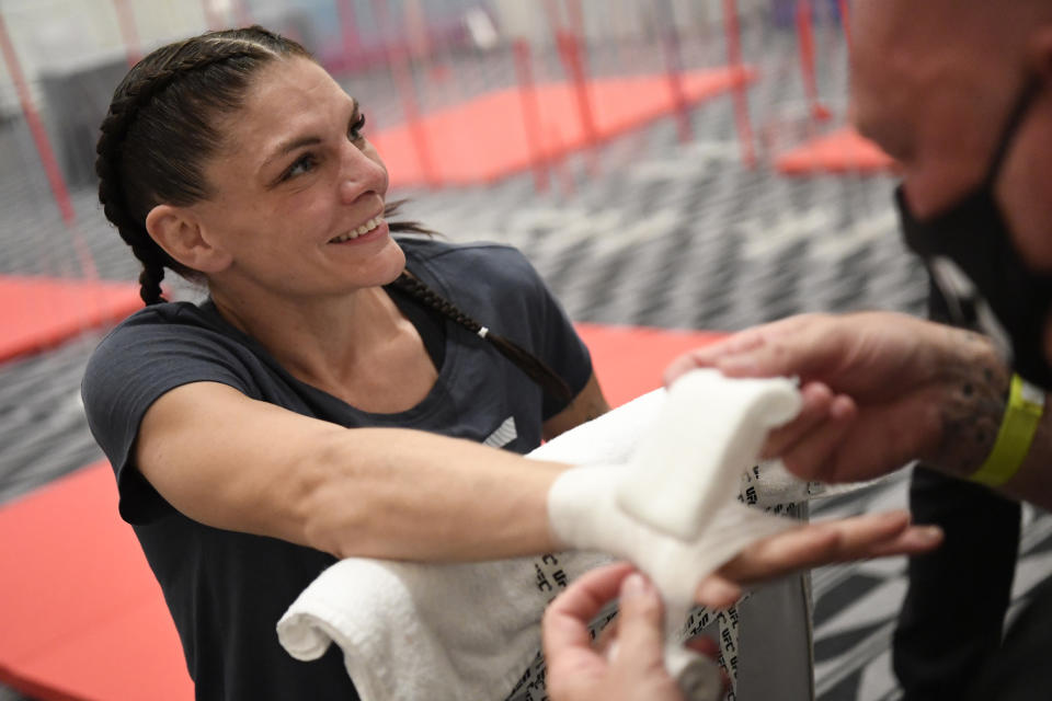 ABU DHABI, UNITED ARAB EMIRATES - OCTOBER 24:  Lauren Murphy has her hands wrapped backstage during the UFC 254 event on October 24, 2020 on UFC Fight Island, Abu Dhabi, United Arab Emirates. (Photo by Mike Roach/Zuffa LLC via Getty Images)