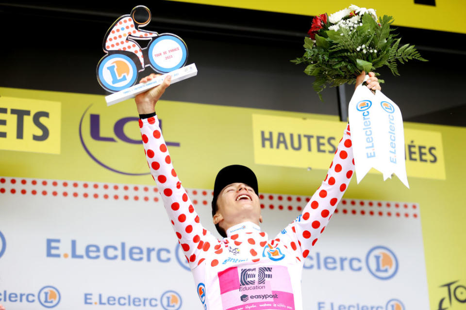 CAUTERETSCAMBASQUE FRANCE  JULY 06 Neilson Powless of The United States and Team EF EducationEasyPost celebrates at podium as Polka Dot Mountain Jersey during the stage six of the 110th Tour de France 2023 a 1449km stage from Tarbes to CauteretsCambasque 1355m  UCIWT  on July 06 2023 in  CauteretsCambasque France Photo by Michael SteeleGetty Images