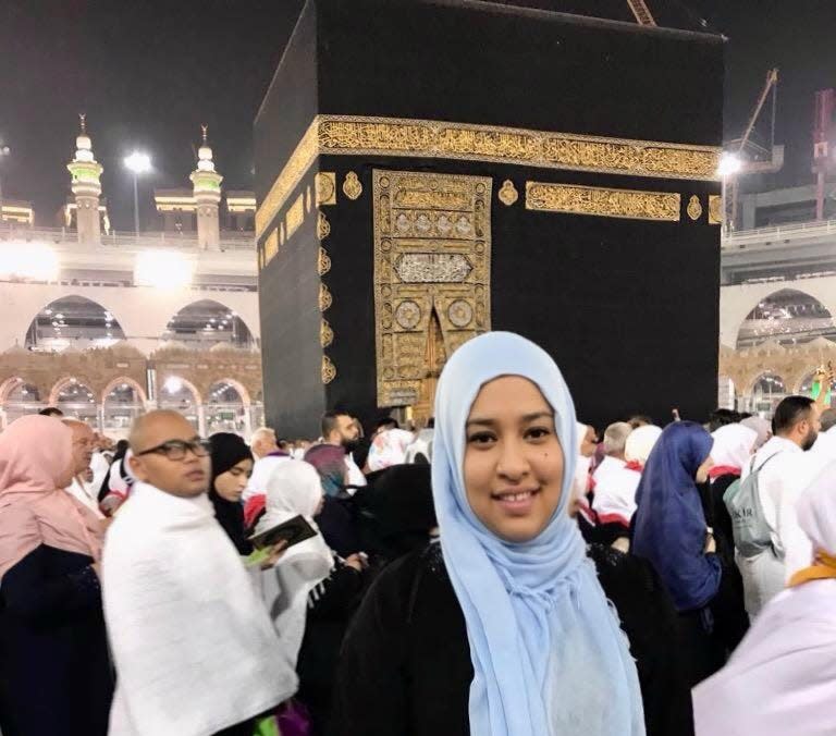 Sumaya Abdul-Quadir is seen standing in this late December 2017 photos as she stands in front of the Kaaba, the holy shrine in Mecca in Saudi Arabia.