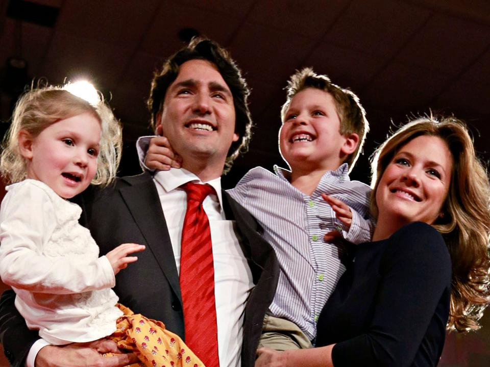 Justin Trudeau, Sophie Gregoire Trudeau, Xavier, and Ella-Grace react after he was named the new leader of the Liberal Party of Canada in Ottawa on April 14, 2013.