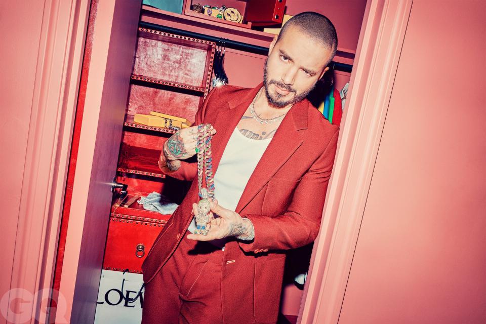 <cite class="credit">Blazer, $1,595, and pants, $895, by Sies Marjan / Tank top, $40 (for pack of three), by Calvin Klein / Jewelry (throughout), his own</cite>