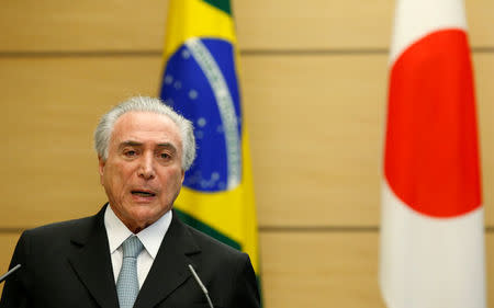 Brazilian President Michel Temer speaks at a joint news conference with Japan's Prime Minister Shinzo Abe at Abe's official residence in Tokyo, Japan, October 19, 2016. REUTERS/Kim Kyung-Hoon