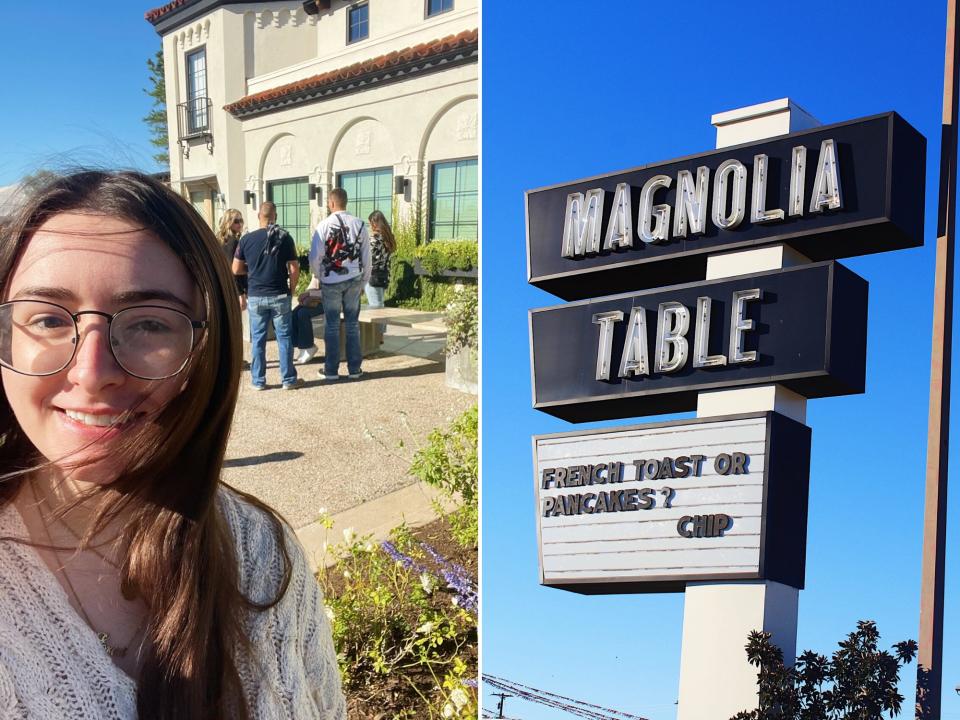 author outside magnolia table and magnolia table sign