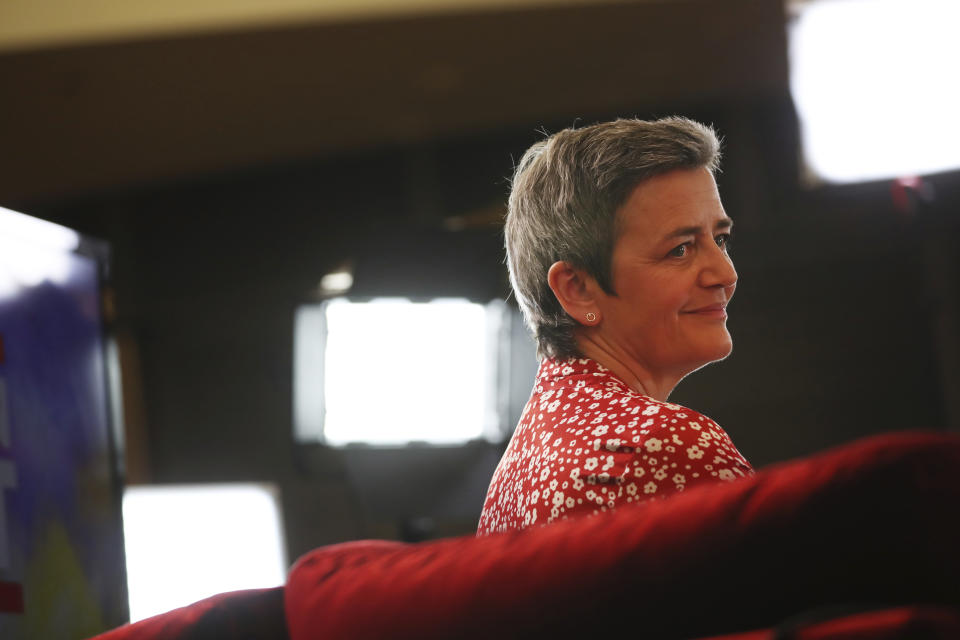 Candidate to the presidency of the European Commission, Denmark's Margrethe Vestager, waits to take the stage at the European Parliament in Brussels, Monday, May 27, 2019. From Germany and France to Cyprus and Estonia, voters from 21 nations went to the polls Sunday in the final day of a crucial European Parliament election that could see major gains by the far-right, nationalist and populist movements that are on the rise across much of the continent.(AP Photo/Francisco Seco)