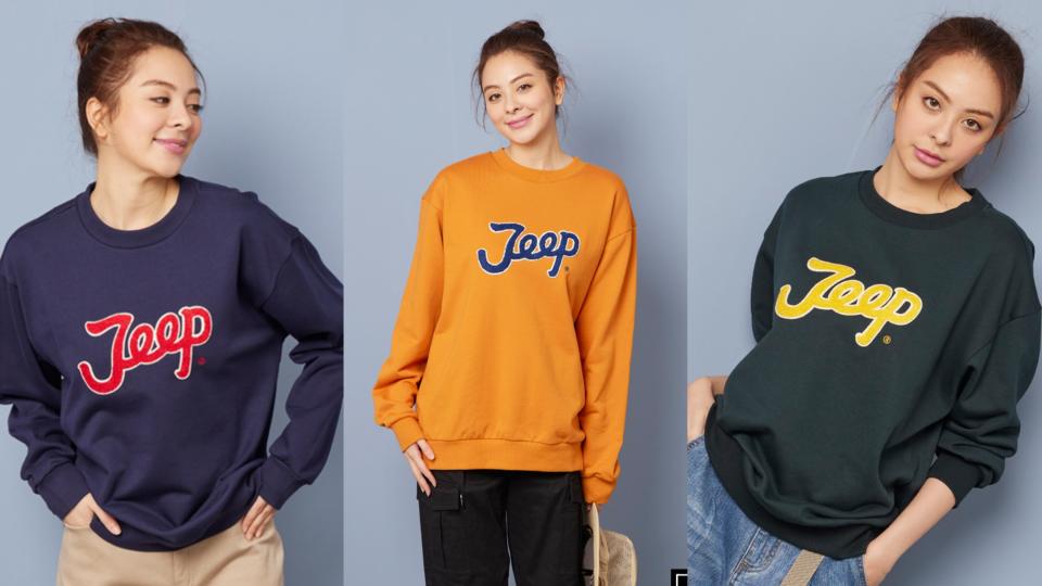 情侶style大學風穿搭3：JEEP 品牌LOGO簡約設計大學T (男女適穿) –三色！圖片來源：Yahoo奇摩購物中心