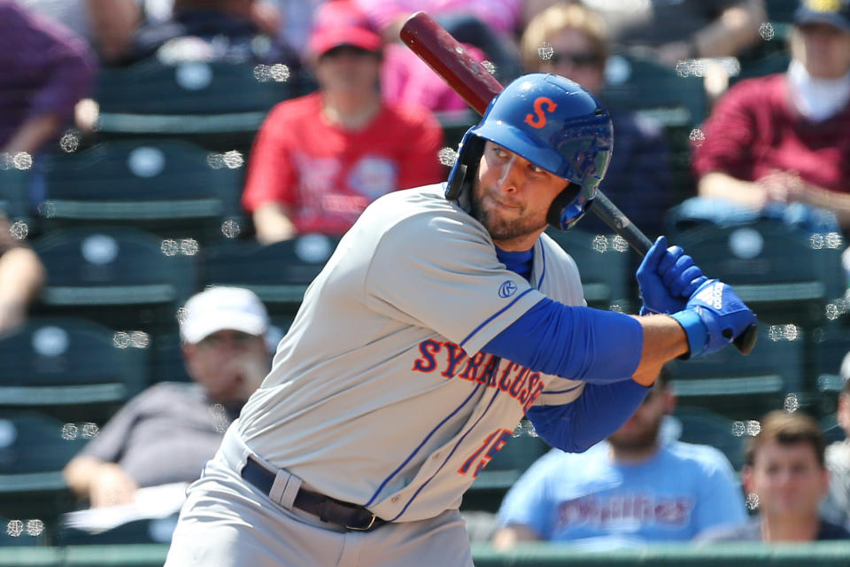 Former Denver Broncos quarterback Tim Tebow hit a home run on Sunday afternoon, marking his first career Triple-A homer with the Syracuse Mets.