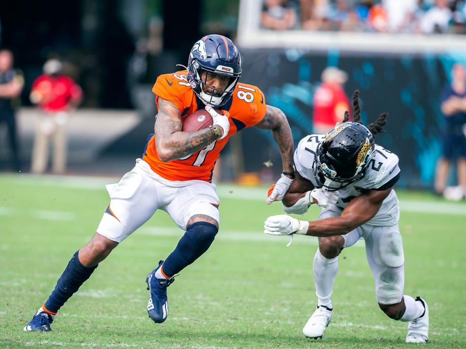 Tim Patrick runs after a catch against the Jacksonville Jaguars.