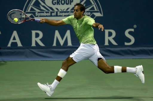 Rageev Ram returns a shot to Sam Querrey during their Los Angeles Open semi-final match on July 28. "It was a tough match, he's a serve-and volley guy and knows how to use his slice. I managed to win by serving well to recover the break," Querrey said of Ram