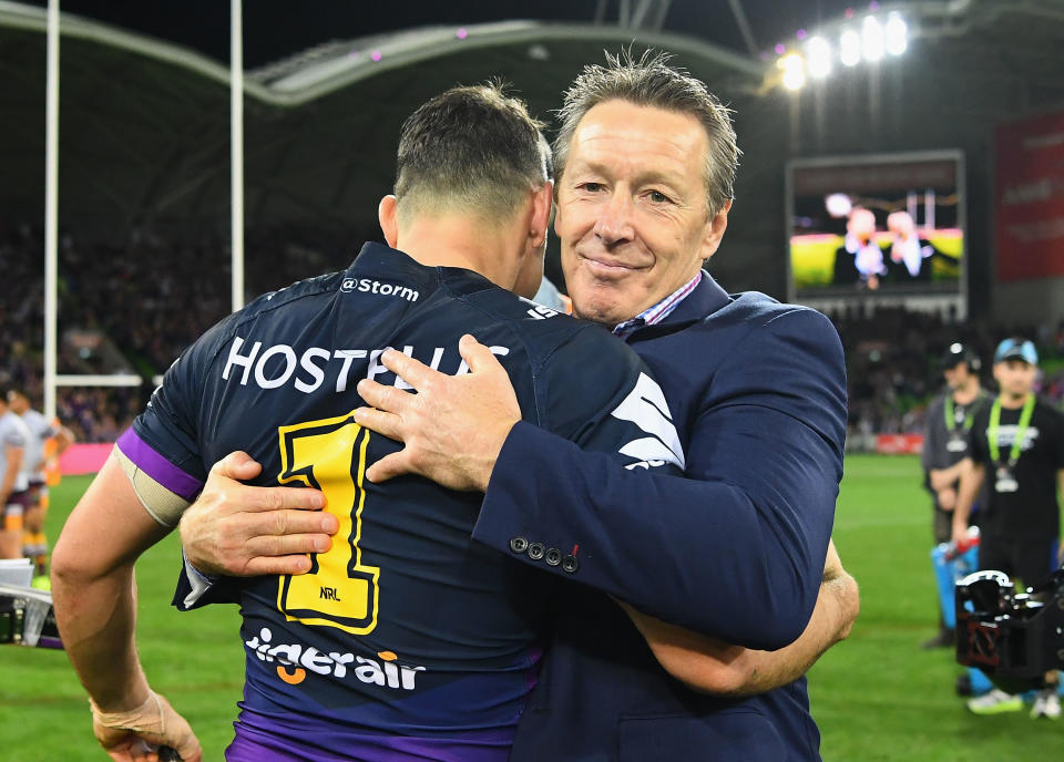 MELBOURNE, AUSTRALIA - SEPTEMBER 22:  Craig Bellamy and Billy Slater of the Storm celebrate winning the NRL Preliminary Final match between the Melbourne Storm and the Brisbane Broncos at AAMI Park on September 22, 2017 in Melbourne, Australia.  (Photo by Quinn Rooney/Getty Images)
