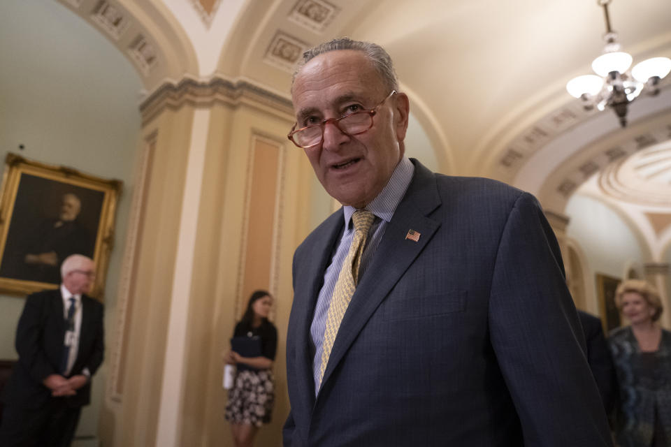 Senate Minority Leader Chuck Schumer, D-N.Y., arrives to speak to reporters at a news conference at the Capitol in Washington, Tuesday, Sept. 17, 2019. (AP Photo/J. Scott Applewhite)