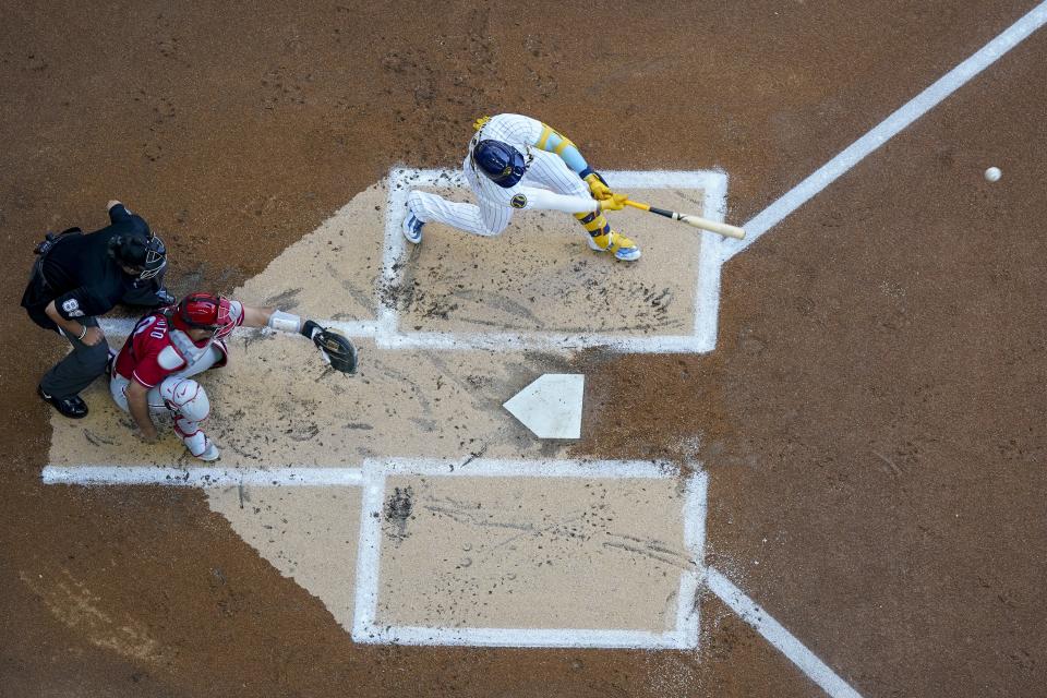 Milwaukee Brewers' William Contreras hits a home run during the first inning of a baseball game against the Philadelphia PhilliesSunday, Sept. 3, 2023, in Milwaukee. (AP Photo/Morry Gash)