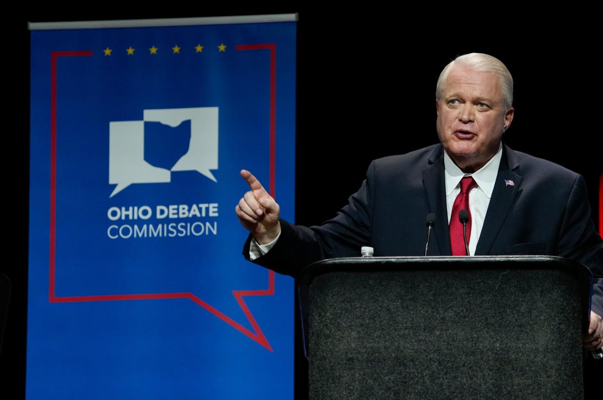 Mar 28, 2022; Wilberforce, Ohio, USA; U.S. Senate Republican candidate Mike Gibbons delivers his closing remarks during Ohio's U.S. Senate Republican Primary Debate at Central State University. Mandatory Credit: Joshua A. Bickel/Ohio Debate Commission