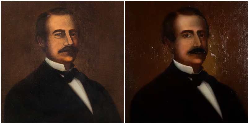 A portrait of Oliver Spencer, UI president, 1878 to 1887, before restoration (left) and after (right).