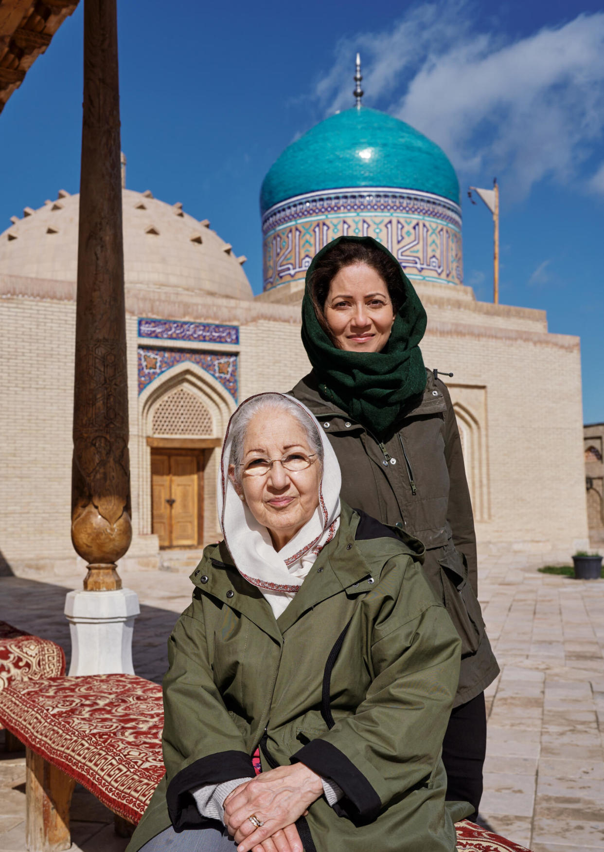 <span>Mishal Husain, right, and her mother, Shama, outside the mausoleum of their ancestor, Amir Kulal, in Bukhara, Uzbekistan, in March.</span><span>Photograph: Yam G-Jun/The Guardian</span>
