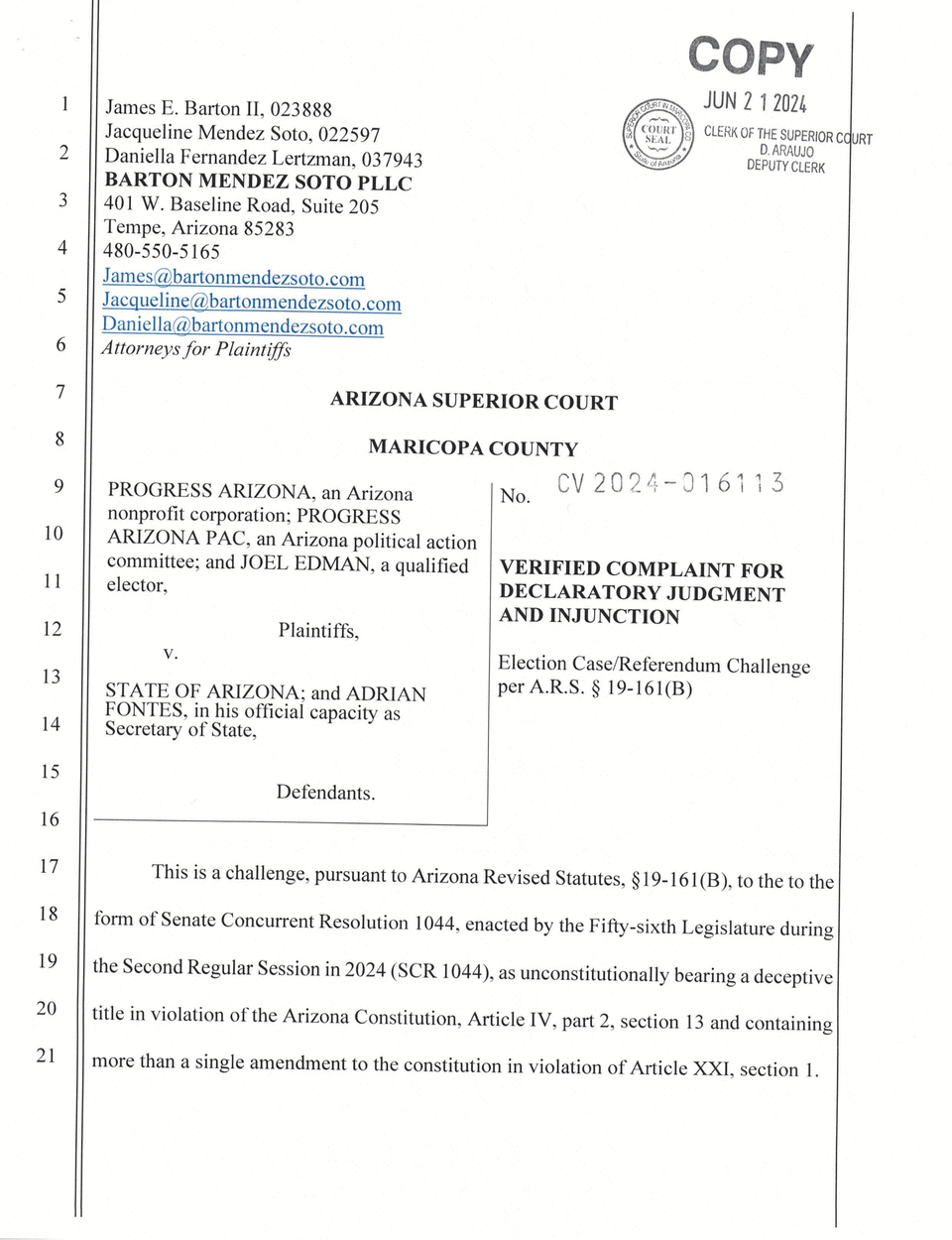 Page 1 of SCR1044 lawsuit