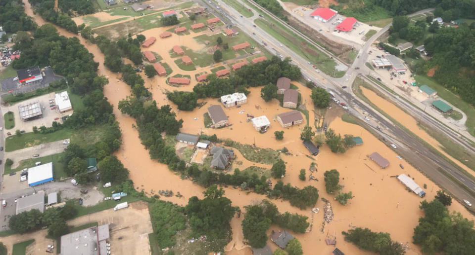 In this aerial image provided by the Nashville Fire Department, flash flooding is seen on August 21, 2021 in Waverly, Tennessee. Source: Getty Images