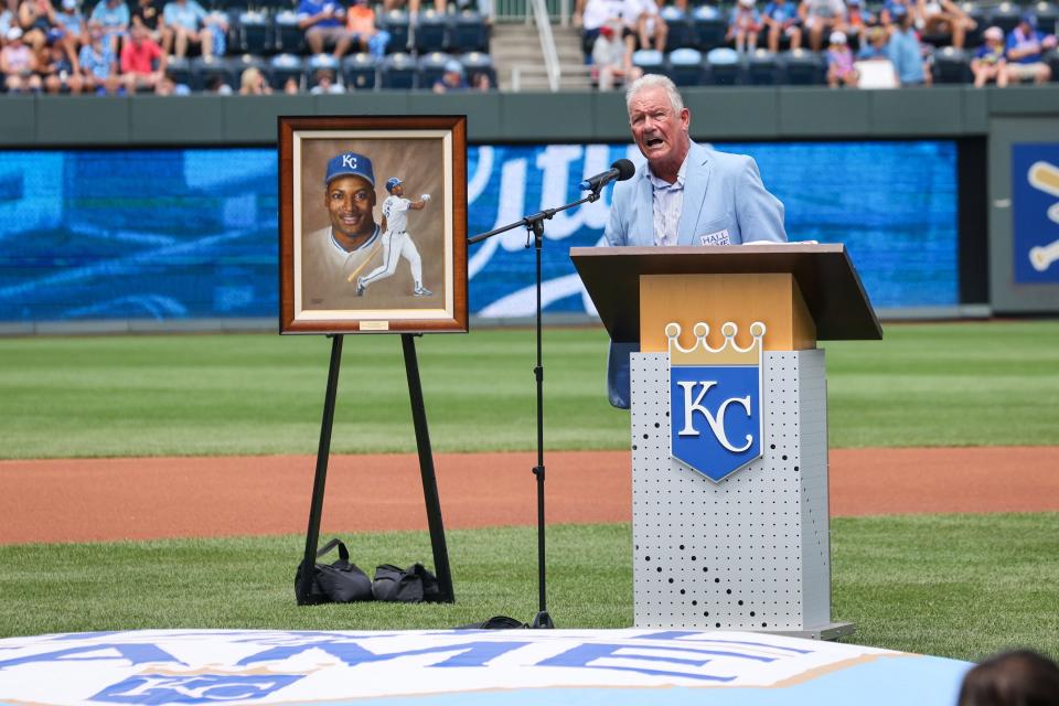 Royals legend George Brett speaks during the Royals Hall of Fame induction of Bo Jackson prior to the game against the Guardians at Kauffman Stadium, June 28, 2023, in Kansas City, Missouri.