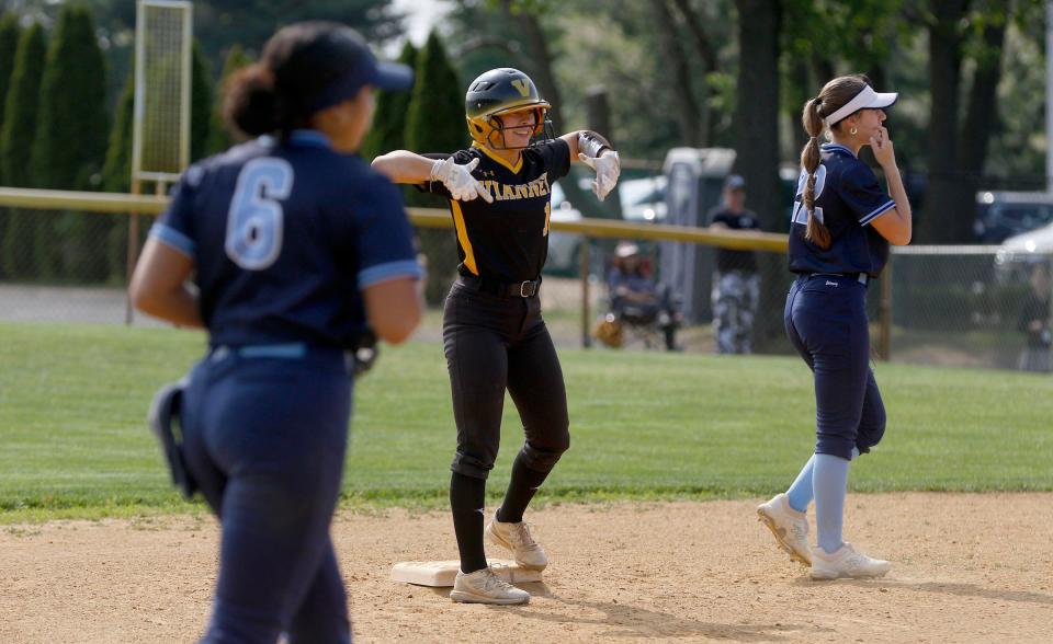St. John Vianney's Jordyn Gautier celebrates making it to second base against Freehold Township at home Monday, May 15, 2023.  