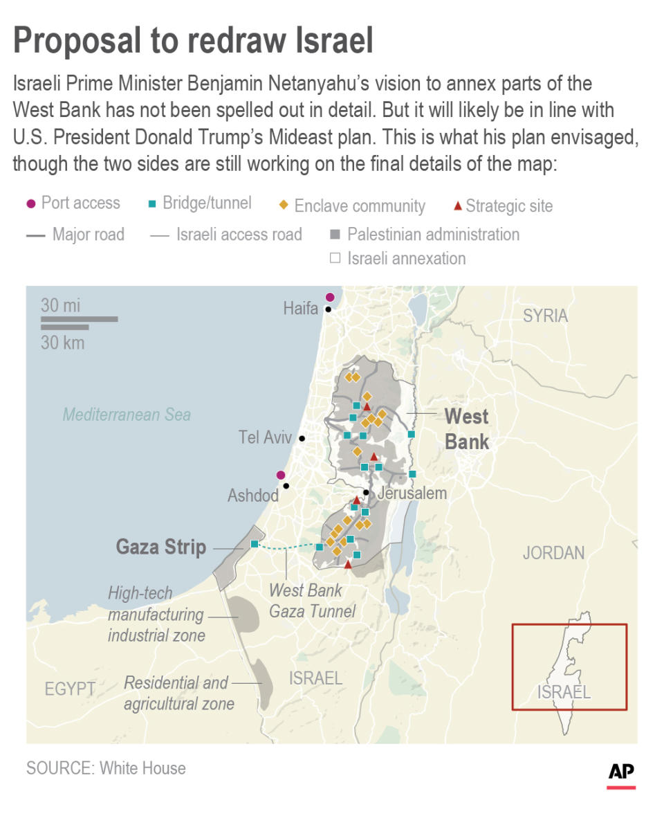 Israeli Prime Minister Benjamin Netanyahu's vision to annex parts of the West Bank has not been spelled out in detail. But it will likely be in line with U.S. President Donald Trump's Mideast plan.; 2c x 4 inches; 96.3 mm x 101 mm;