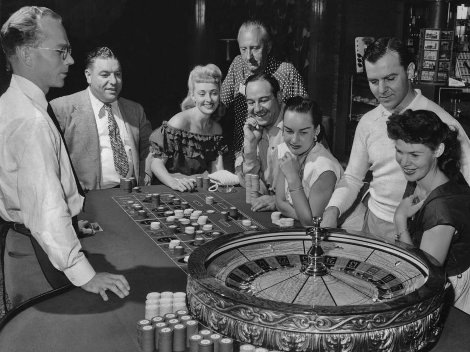 Gamblers at a roulette table in Las Vegas in 1955.