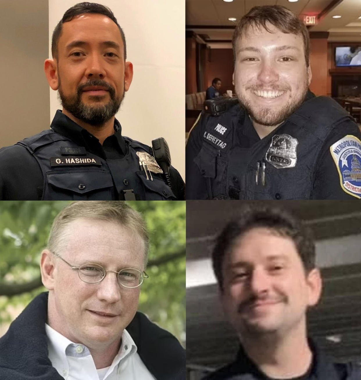 D.C. Metropolitan Police Officers Gunther Hashida, Kyle DeFreytag, and Jeffrey Smith, and U.S. Capitol Police Officer Howard Liebengood have all died by suicide after responding to the violent attack on the U.S. Capitol by a pro-Trump mob on Jan. 6, 2021.  (Mountcastle Turch Funeral Home, Bensing-Thomas Funeral Home, Money and King Funeral Home, Facebook)