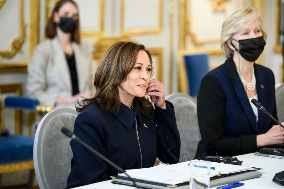 President Emmanuel Macron of France holds a bilateral meeting with US Vice President Kamala Harris