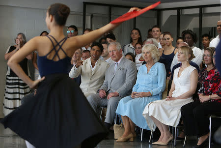 Britain's Prince Charles and Camilla, Duchess of Cornwall, with Cuban dancer Carlos Acosta and his wife Charlotte Acosta watch a dance performance at Acosta's dance studio in Havana, Cuba, March 25, 2019. REUTERS/Fernando Medina