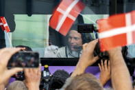 Astronaut Andreas Mogensen of Denmark gestures from a bus as he leaves to board the Soyus spacecraft at the Baikonur cosmodrome, Kazakhstan, September 2, 2015. REUTERS/Shamil Zhumatov