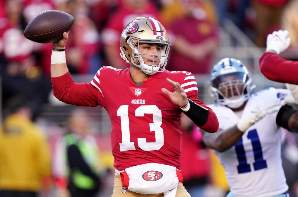 Jan 22, 2023; Santa Clara, California, USA; San Francisco 49ers quarterback Brock Purdy (13) throws during the first quarter of a NFC divisional round game against the Dallas Cowboys at Levi’s Stadium. Mandatory Credit: Kyle Terada-USA TODAY Sports