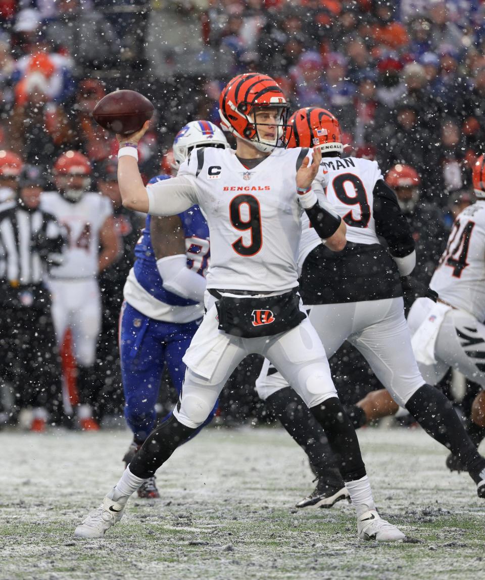 Bengals quarterback Joe Burrow passed for 242 yards and two touchdowns in a 27-10 playoff win over the Bills.