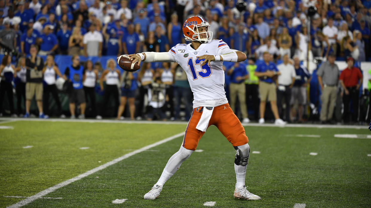 Florida quarterback Feleipe Franks (13) in action during the first half of an NCAA college football game in Lexington, Ky., Saturday, Sept. 14, 2019. (AP Photo/Timothy D. Easley)