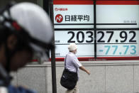 A man walks past an electronic stock board showing Japan's Nikkei 225 index at a securities firm in Tokyo Friday, Aug. 16, 2019. Asian shares were mixed Friday as turbulence continued on global markets amid ongoing worries about U.S.-China trade conflict. (AP Photo/Eugene Hoshiko)