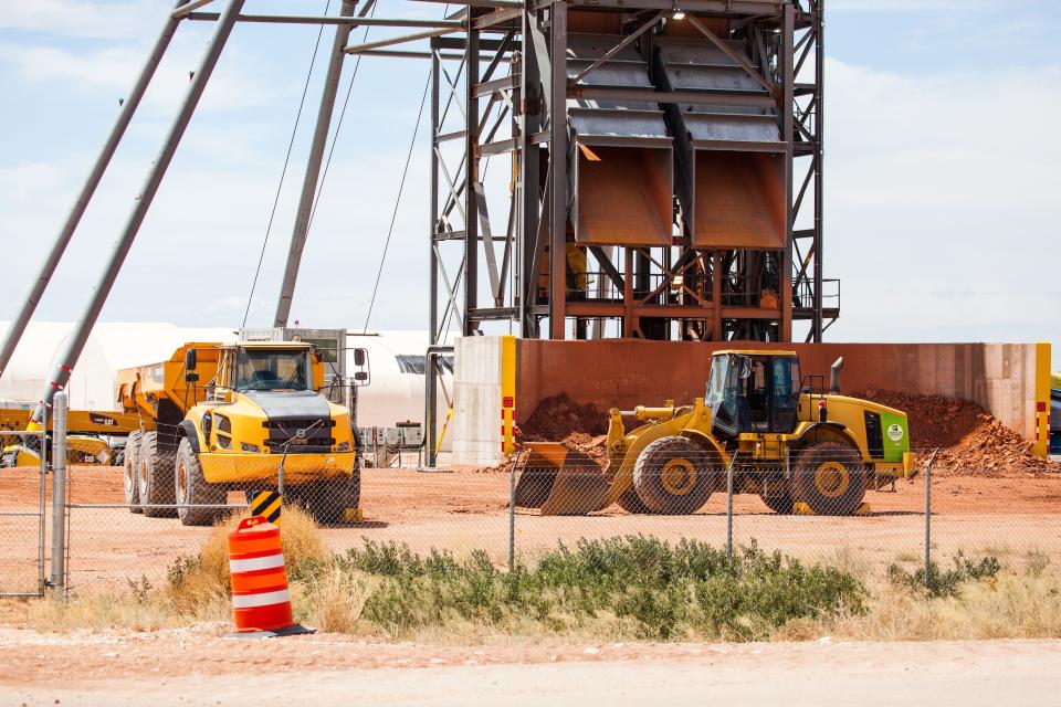 Construction equipment is used to build a new utility shaft at the Waste Isolation Pilot Plant.