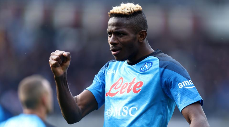 Victor Osimhen of Napoli celebrates after scoring his team's third goal during the Serie A match between Torino and Napoli at the Stadio Olimpico Grande Torino on March 19, 2023 in Turin, Italy.