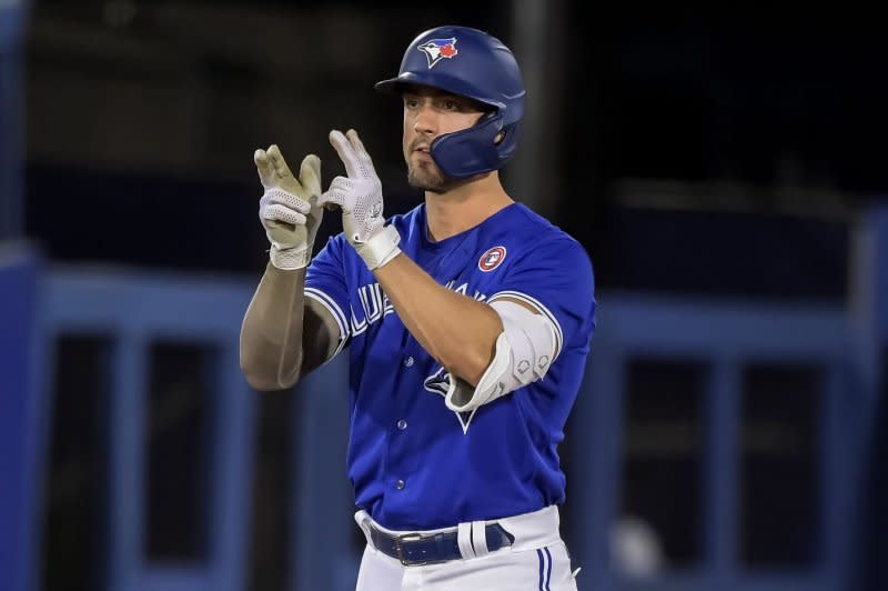 Toronto Blue Jays outfielder Randal Grichuk hit a career-high .308 through 64 games this season. File Photo by Steve Nesius/UPI