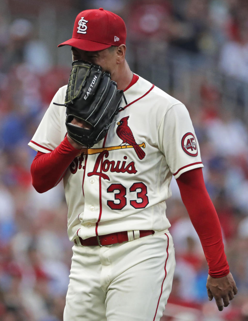 St. Louis Cardinals starting pitcher Kwang Hyun Kim reacts after having given up two runs in the fourth inning of the team's baseball game against the Kansas City Royals, Saturday, Aug. 7, 2021, in St. Louis. (AP Photo/Tom Gannam)