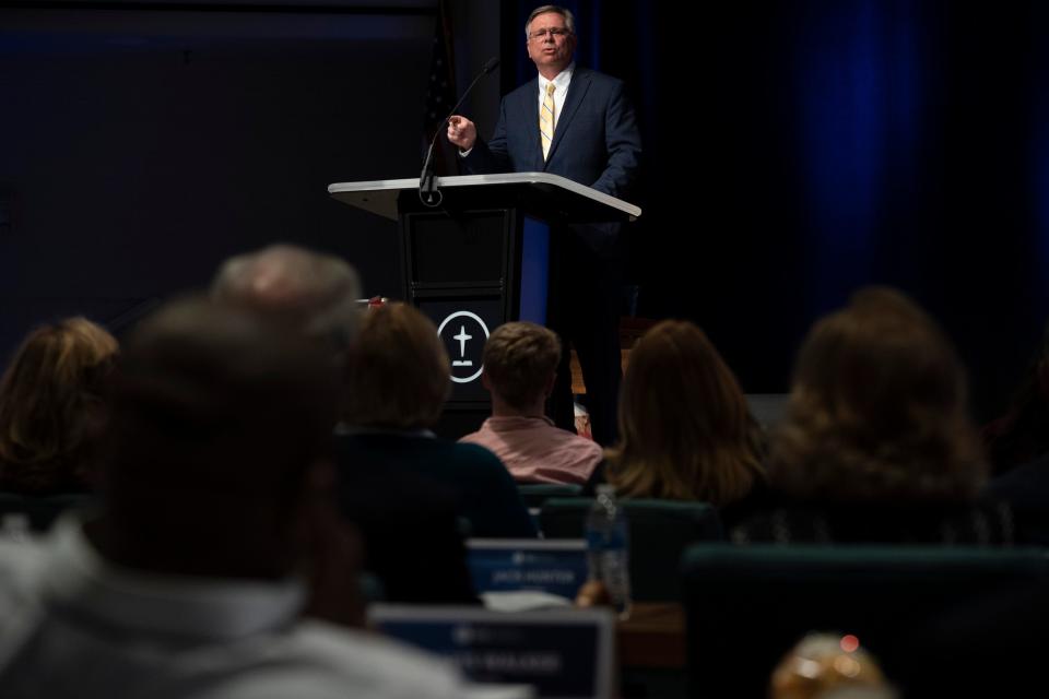 Marshall Blalock, chairman of the Abuse Reform Implementation Task Force, delivers his committee report during the Southern Baptist Convention Executive Committee meeting Monday, Feb. 20, 2023 in Nashville, Tenn.