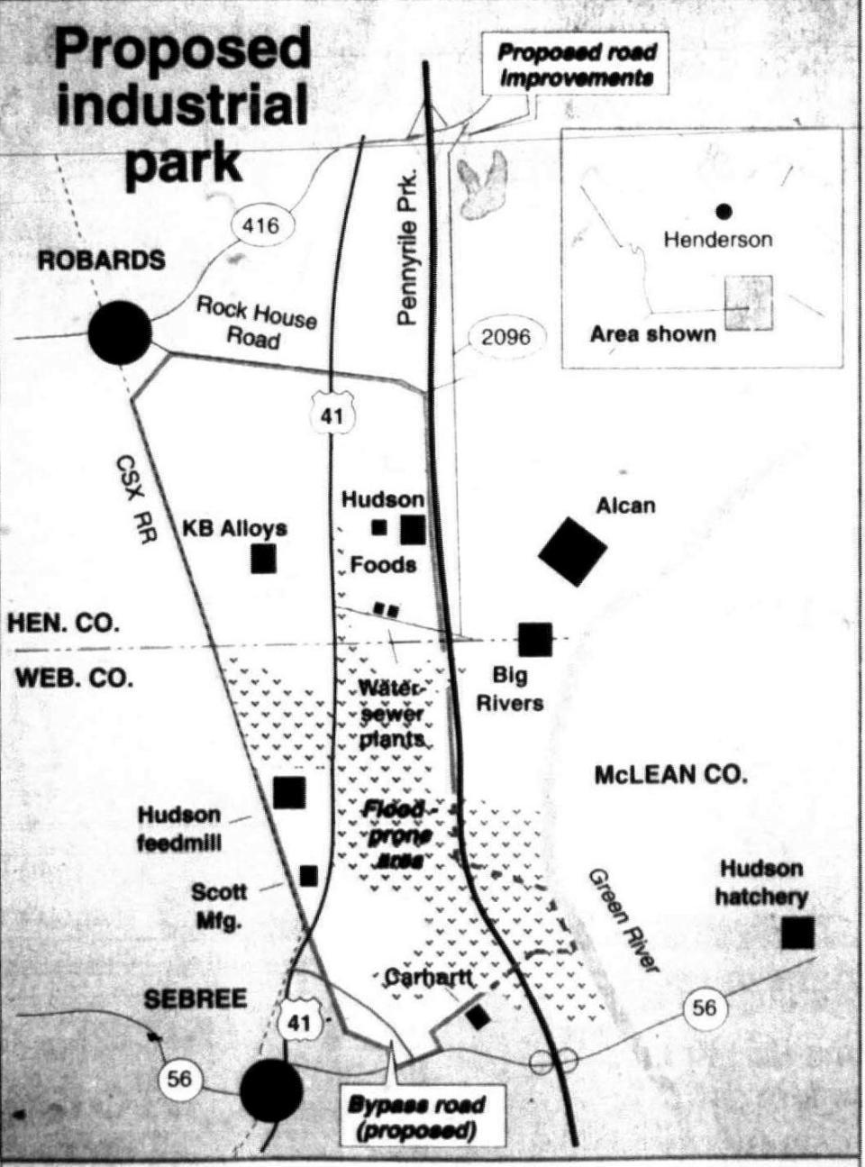 The original configuration of 4 Star Industrial Park was the CSX tracks on the west, Kentucky 56 on the south, Interstate 69 on the east, and Rockhouse Road on the north. Residents of Robards thought that was too close to their community, which prompted them to once again form a city government.