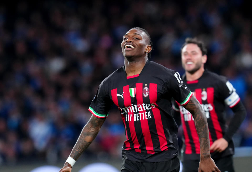 NAPLES, ITALY - APRIL 02: Rafael Leao of AC Milan celebrates after scoring his 2nd goal ,during the Serie A match between SSC Napoli and AC MIlan at Stadio Diego Armando Maradona on April 2, 2023 in Naples, . (Photo by MB Media/Getty Images)