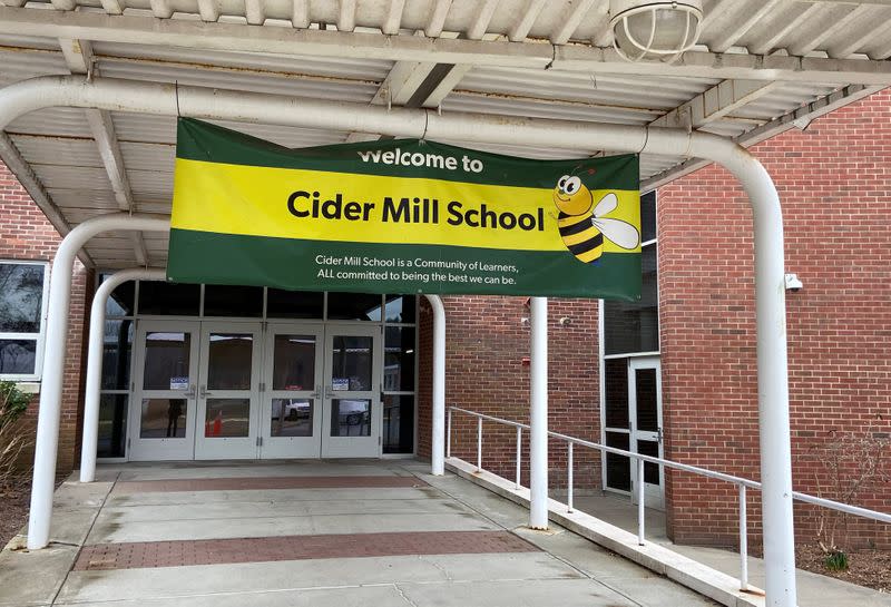 The entrance to Cider Mill School, an elementary school that has been closed due to coronavirus, is pictured in Wilton