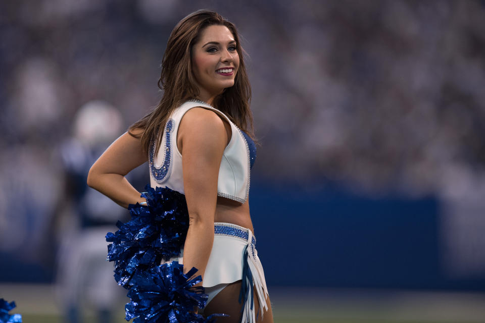 <p>Indianapolis Colts cheerleaders perform during the NFL game between the Jacksonville Jaguars and Indianapolis Colts on October 22, 2017, at Lucas Oil Stadium in Indianapolis, IN. (Photo by Zach Bolinger/Icon Sportswire via Getty Images) </p>