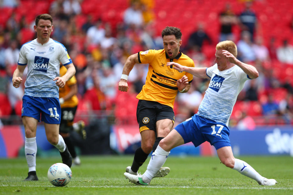 Robbie Willmott shoots during the Sky Bet League Two Play-off Final. (Credit: Getty Images)