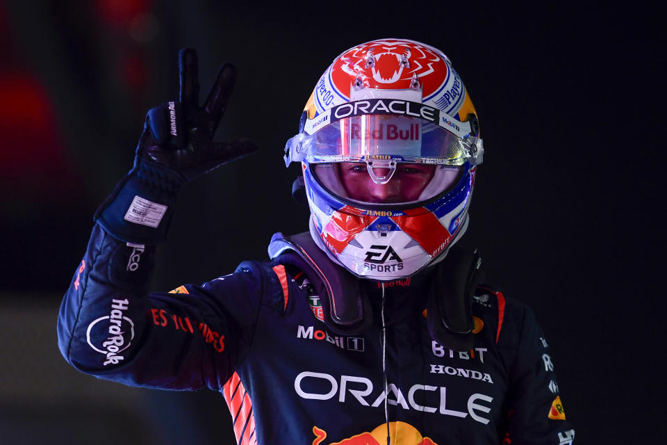 LUSAIL CITY, QATAR - OCTOBER 07: 2023 F1 World Drivers Champion Max Verstappen of the Netherlands and Oracle Red Bull Racing celebrates in parc ferme after the Sprint ahead of the F1 Grand Prix of Qatar at Lusail International Circuit on October 07, 2023 in Lusail City, Qatar. (Photo by Rudy Carezzevoli/Getty Images)