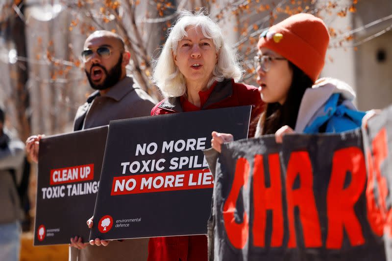 Demonstrators rally against Imperial Oil’s ongoing tailings pond leak, in Ottawa